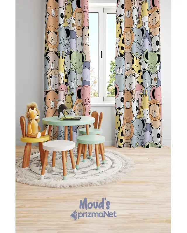 Color Minik Animals Patterned Printed Kids' and Baby Room Decorative Curtain - Set of 2 Panels - PRD-08 - 2