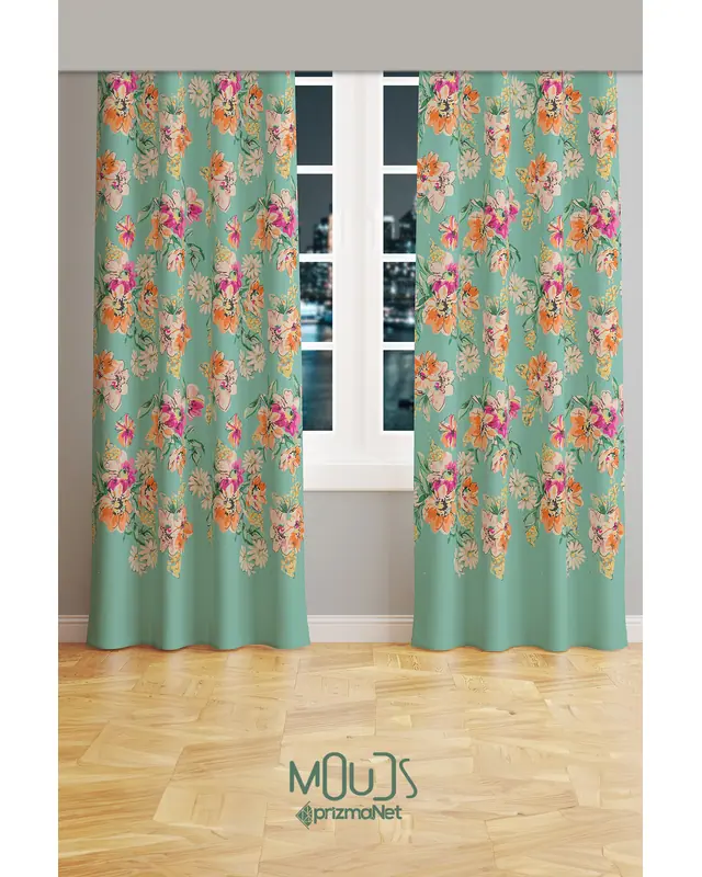 Old Flowers Pattern 4 Desenli Süet Oturma Odası Salon Fon Perde Ekstrafor Büzgü 2 Kanat PRD-1034 - 2