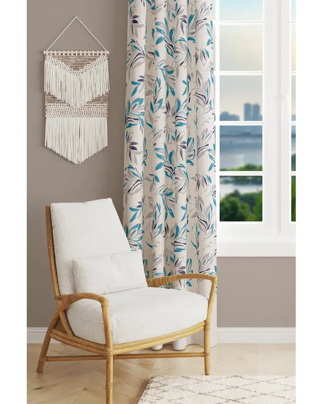 Blue Floral Patterned Suede Living Room Decorative Curtain Printed Pencil Pleat - Single Panel - PRD-1055-TK - 2
