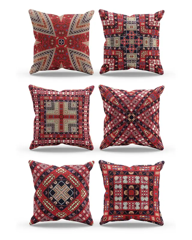 Çift Tarafı Baskılı Türkiye Kilim Desenli 6'lı Kombin Süet Kırlent Kılıfı