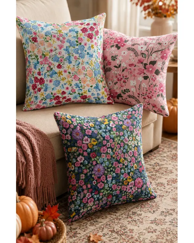 Çift Tarafı Baskılı Pastel Flower Desenli 3'lü Kombin Süet Kırlent Kılıfı