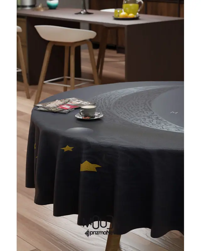 Navy Blue Ramadan Bear Round Easy-Care Suede-Feel Tablecloth - MSY-254 - 3