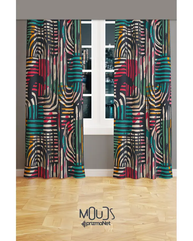 Colorful Brush Patterned Suede Living Room Decorative Curtain Printed Pencil Pleat Body - Set of 2 Panels - PRD-1075 - 2