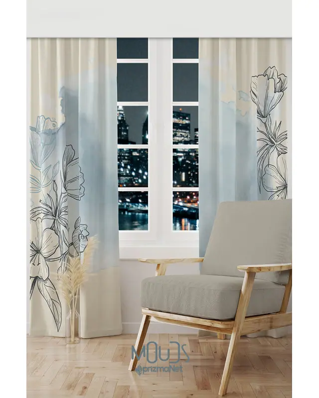 Blue Line Floral Patterned Suede Living Room Salon Decorative Curtain Printed Pencil Pleat - Set of 2 Panels - PRD-1051