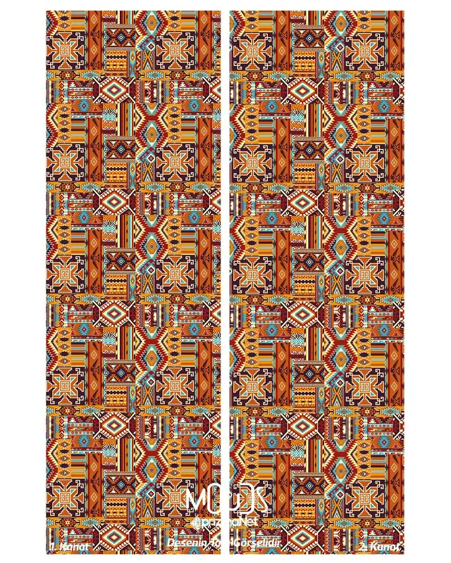 Ethnic Kilim Patterned Suede Living Room Decorative Curtain Printed Pencil Pleat Body - Set of 2 Panels - PRD-1019 - 3
