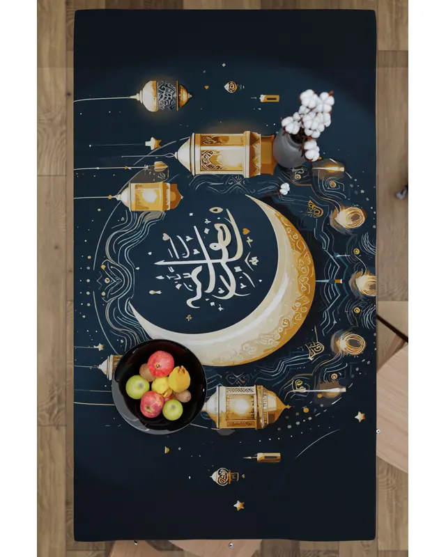 Ramazan Lacivert Ay ve Lamba Desenli Süet Kumaş Dertsiz Masa Örtüsü Kare ve Dikdörtgen Ramadan - 6