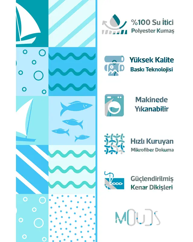 3'lü Deniz Desenli Kırlent Kılıfı Su Geçirmez Silinebilir Dijital Baskılı Gemi Yat Dekorasyon SET02 - 2