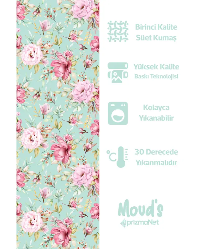 Yeşil Pembe Çiçek Desenli Baskılı Süet Runner Masa Örtüsü - 2