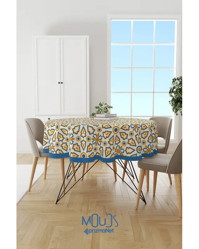 Yellow Ornament Islamic Round Easy-Care Suede-Feel Tablecloth - MSY-222 - 2