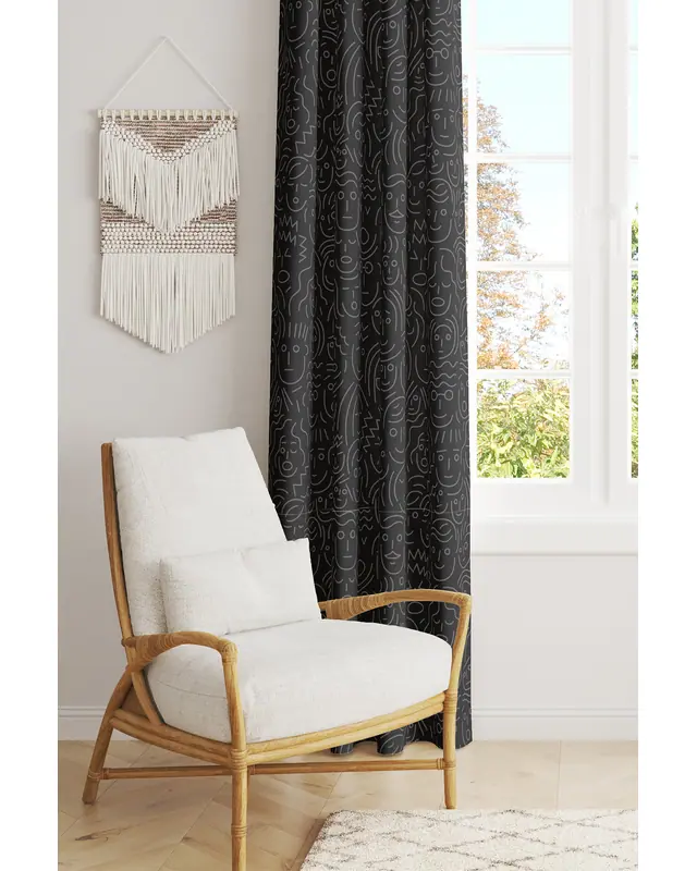 Black Faces Patterned Suede Living Room Decorative Curtain Printed Pencil Pleat - Single Panel - PRD-1070-TK