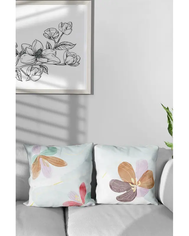 Double-Sided Printed Pastel Flower-2 Pattern Set of 4 Coordinated Suede Cushion Cover Şık Salon Dekoru - 4