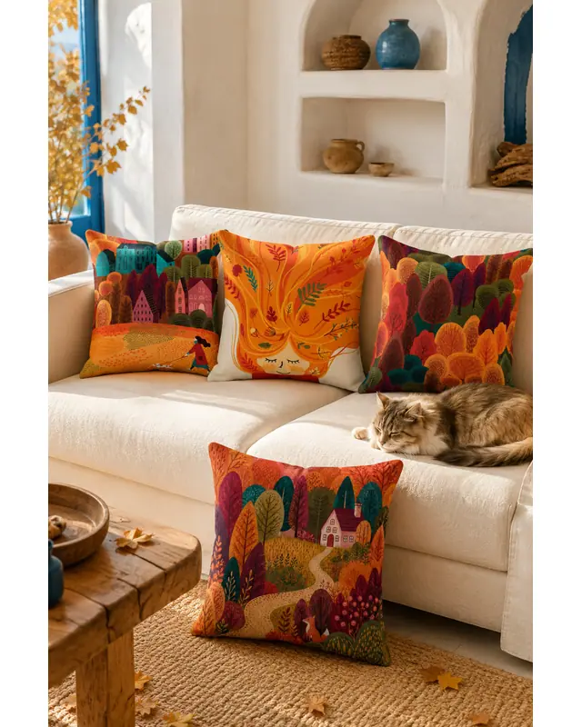 Mouds Set of 4 Sonbahar Ormanı Pattern Decorative Cushion Cover Set 43x43 cm