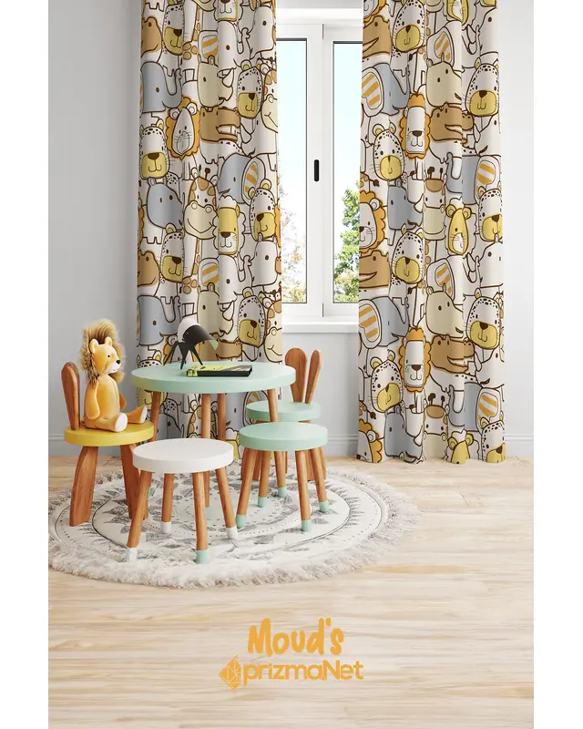 Orange Minik Animals Patterned Printed Kids' and Baby Room Decorative Curtain - Set of 2 Panels - PRD-05 - 2