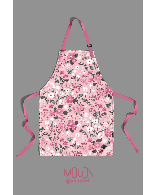 Suede Textured Fabric Pink Pastel Flower Patterned Kitchen Apron, Chef Apron, Waiter Apron, Restaurant Apron - MTF-01 - 2