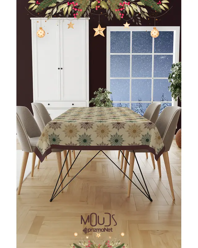 Beige Snowflakes Christmas Rectangular Easy-Care Suede-Feel Tablecloth - MS-274 - 2