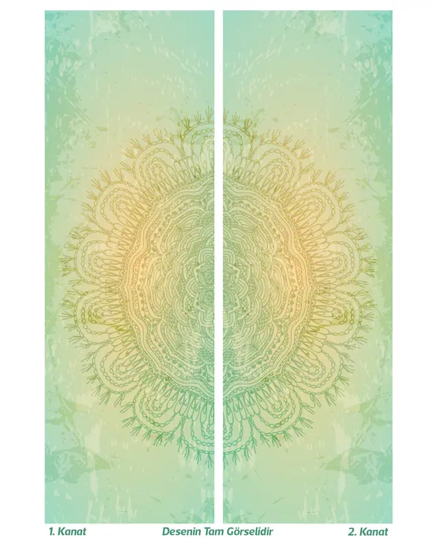 Green Mandala Patterned Suede Living Room Salon Decorative Curtain Printed Pencil Pleat Body - Set of 2 Panels - PRD-1103 - 2