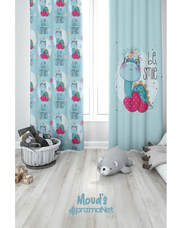 Minik Dinozor Desenli Baskılı Çocuk ve Bebek Odası Fon Perdesi 2 Kanat - PRD-09