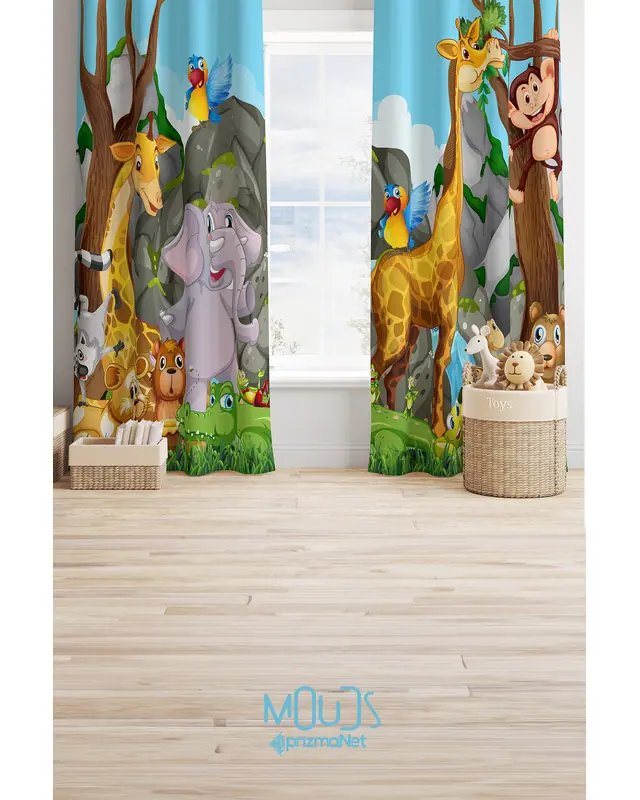 Sweet Animals Patterned Decorative Curtain Kids' and Baby Room Printed Suede Pencil Pleat Off - Set of 2 Panels - PRD-62 - 2