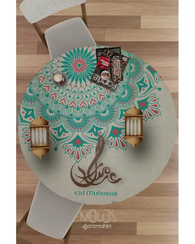 Ramadan Turquoise Ethnic Round Easy-Care Suede-Feel Tablecloth - MSY-258 - 2