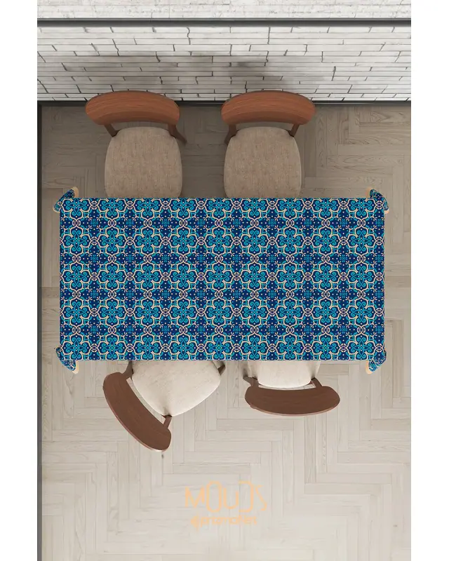 Blue Cream Ornament Islamic Rectangular Easy-Care Suede-Feel Tablecloth - MS-235 - 6