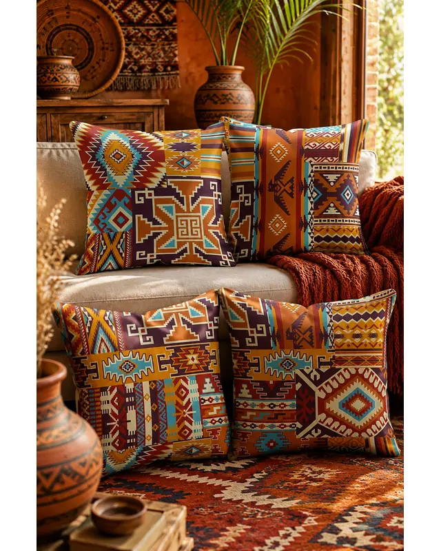 Çift Tarafı Baskılı Etnik Kilim Desenli 4'lü Kombin Süet Kırlent Kılıfı