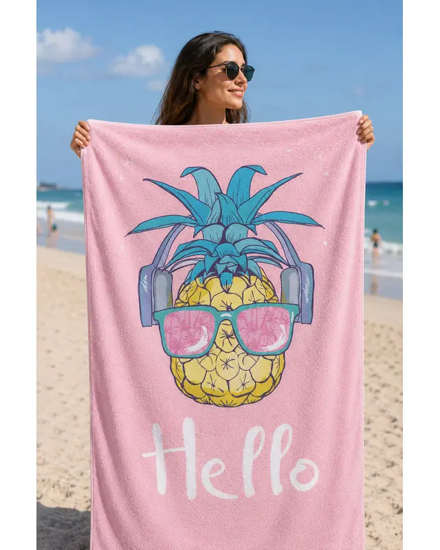 Dijital Baskılı 70x150cm Pembe Ananas Desenli Plaj Havlusu - Banyo Havlusu - Deniz Havlusu - 4