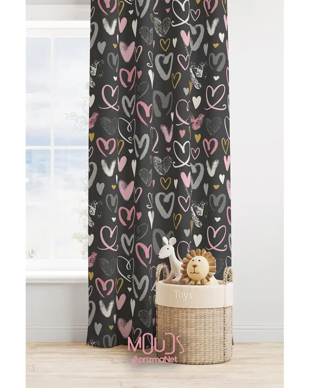 Gray Hearts Patterned Decorative Curtain Kids' and Baby Room Digital Printed Suede Pencil Pleat - Single Panel - PRD-34-TK - 2