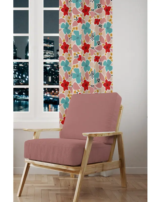 Vibrant Colorful Flowers Patterned Suede Living Room Decorative Curtain Pencil Pleat - Single Panel - PRD-1033-TK - 2
