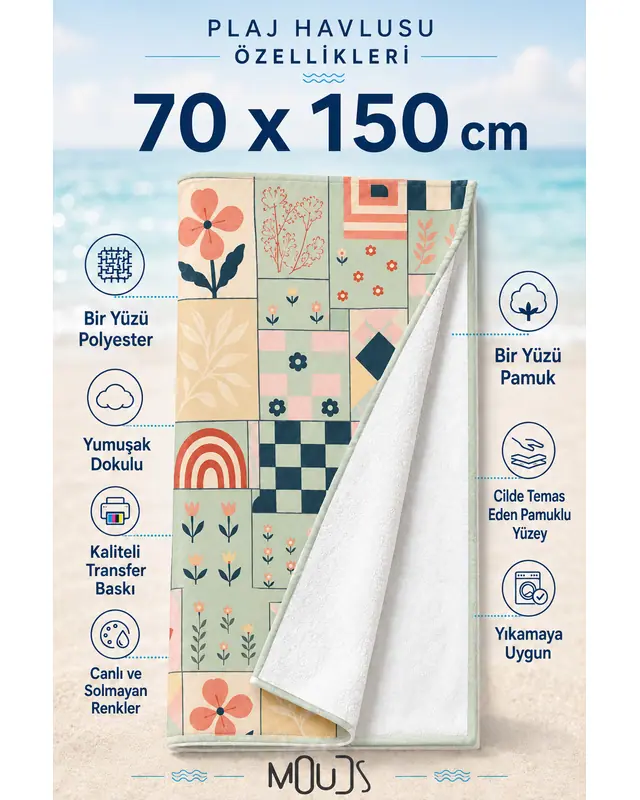 Dijital Baskılı 70x150cm Nostaljik Mozaik Desenli Plaj Havlusu - Banyo Havlusu - Deniz Havlusu - 2