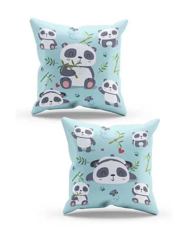 Çift Tarafı Baskılı Panda Desenli 2'li Kombin Süet Kırlent Kılıfı