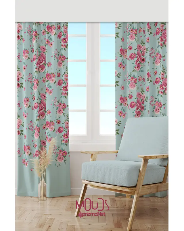 Madame Spring Desenli Süet Oturma Odası Salon Fon Perde Baskılı Ekstrafor Büzgü 2 Kanat PRD-1027