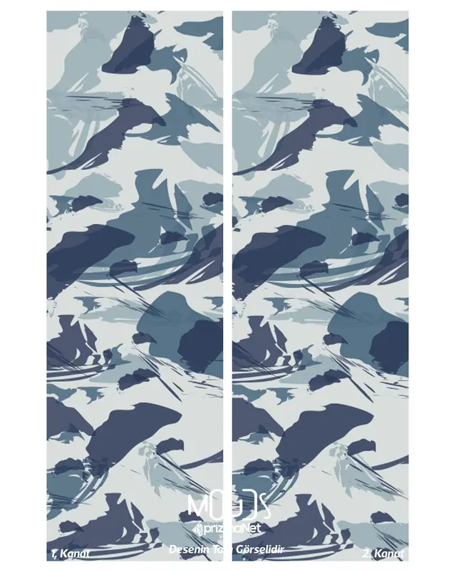 Blue Camouflage Patterned Suede Living Room Decorative Curtain Printed Pencil Pleat Body - Set of 2 Panels - PRD-1083 - 3