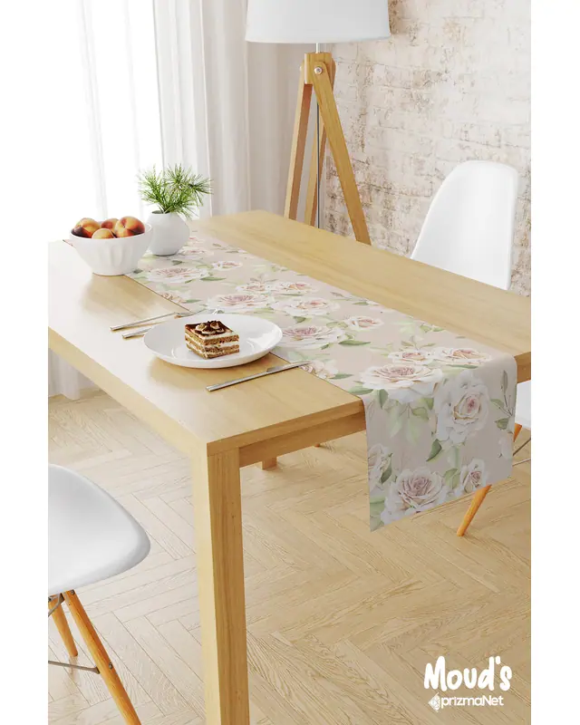 Krem Rengi Rose Pattern Printed Suede Table Runner