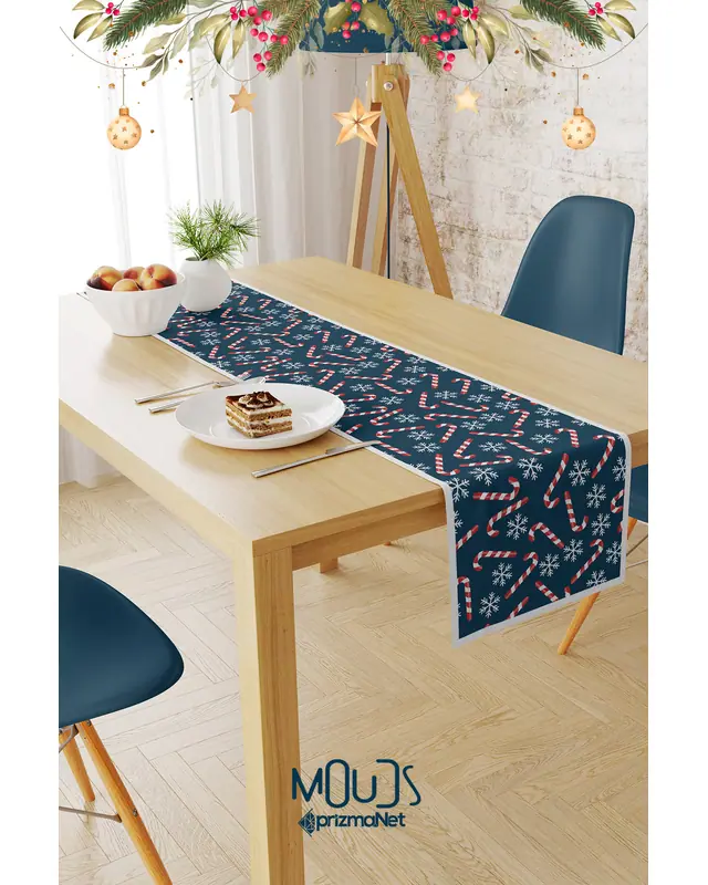 Blue Christmas Şeker Kamışı Pattern Suede Table Runner - 2