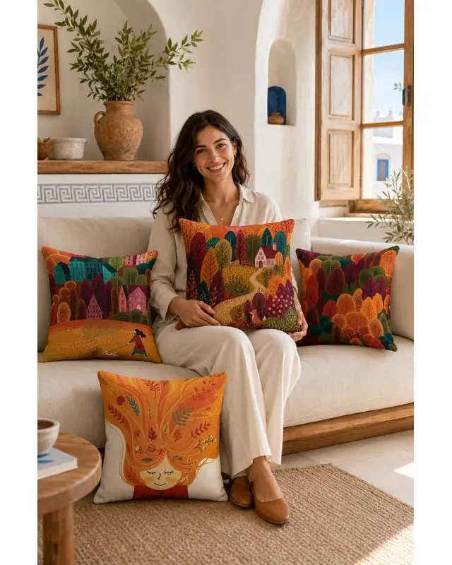 Mouds Set of 4 Sonbahar Ormanı Pattern Decorative Cushion Cover Set 43x43 cm - 2
