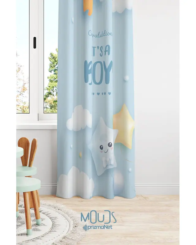 Blue Male Patterned Decorative Curtain Kids' and Baby Room Digital Printed Suede Pencil Pleat - Single Panel - PRD-52-TK - 3