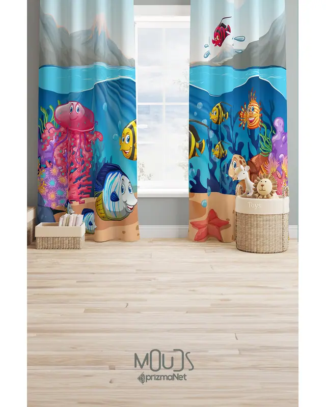 Marine Animals Patterned Decorative Curtain Kids' and Baby Room Printed Suede Pencil Pleat - Set of 2 Panels - PRD-71 - 3