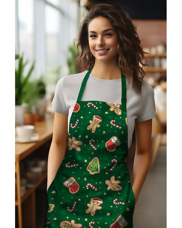Green Christmas Cookies Patterned Kitchen Apron, Chef Apron, Waiter Apron, Restaurant Apron - MTF-82 - 2