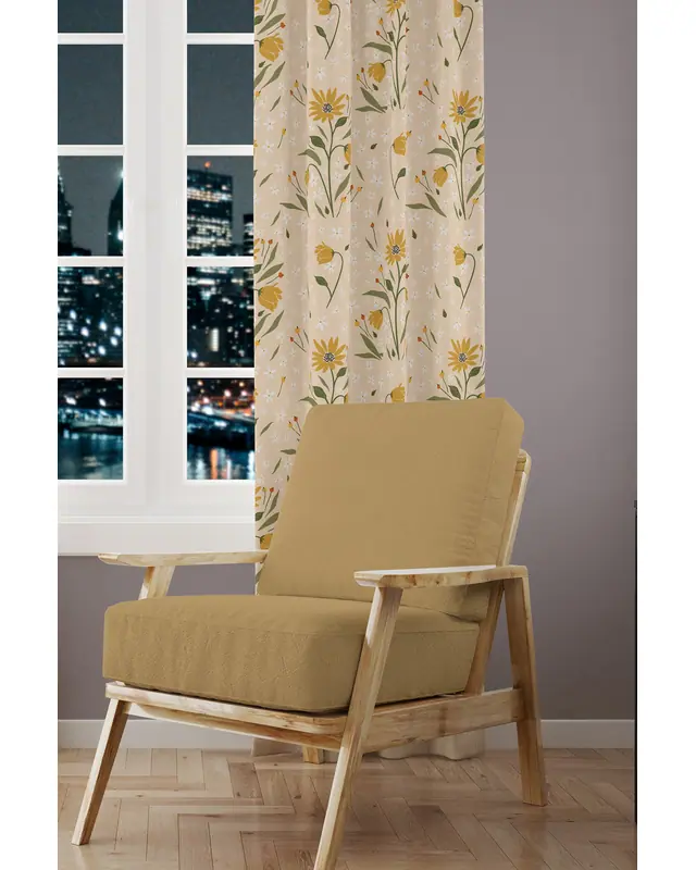 Camomile Daisy Patterned Suede Living Room Decorative Curtain Printed Pencil Pleat - Single Panel - PRD-1040-TK - 2