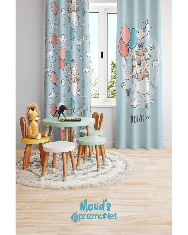 Mutlu Aslan Desenli Baskılı Çocuk ve Bebek Odası Fon Perdesi 2 Kanat - PRD-26 - 2