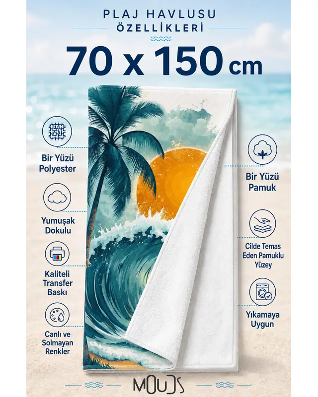 Dijital Baskılı 70x150cm Tropikal Meltem Desenli Plaj Havlusu - Banyo Havlusu - Deniz Havlusu - 3