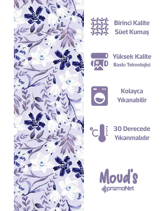Navy Lila Floral Pattern Printed Suede Table Runner - 2