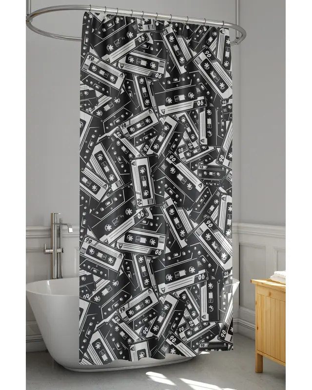 Banyo Perdesi, Siyah Kaset Desenli Duş Perdesi, Küvet Perdesi, Halka Hediyeli 175x200cm BP-59