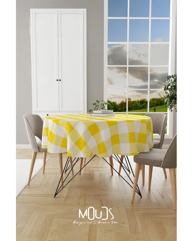 Yellow Gingham Round Easy-Care Suede-Feel Tablecloth - MSY-3000-SARI - 2