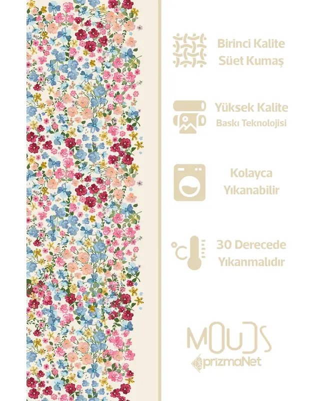 Renkli Pastel Çiçek Süet Oturma Odası Salon Fon Perde Baskılı Ekstrafor Büzgü 2 Kanat PRD-1026 - 6