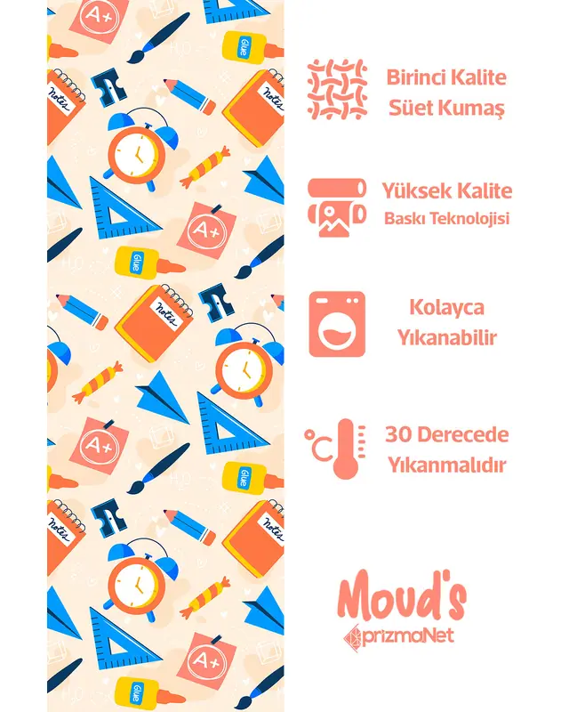 Krem Defter Kalem Cetvel Desenli Yuvarlak Süet Dertsiz Masa Örtüsü - 2