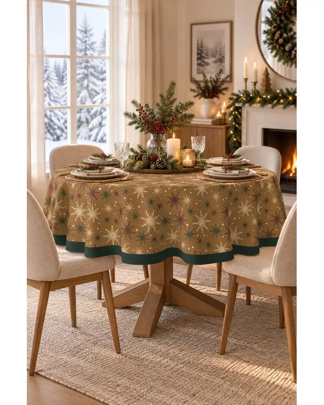 Brown Snowflakes Christmas Round Easy-Care Suede-Feel Tablecloth - MSY-276