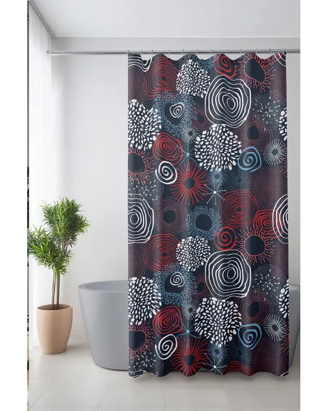 Banyo Perdesi, Spiral Çiçekler Desenli Duş Perdesi, Küvet Perdesi, Halka Hediyeli 175x200cm BP-98