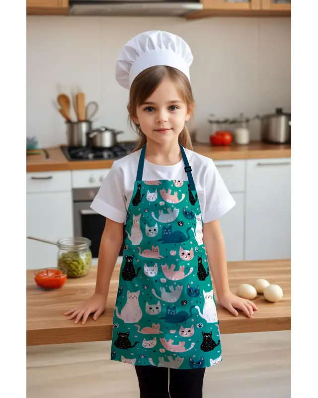 Çocuk Mutfak Önlüğü, Aktivite Önlüğü, Desenli Mutfak Önlüğü, 55 cm Boy 40 cm Genişlik Çocuk Önlüğü