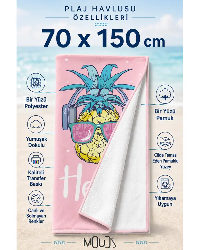 Dijital Baskılı 70x150cm Pembe Ananas Desenli Plaj Havlusu - Banyo Havlusu - Deniz Havlusu - 2